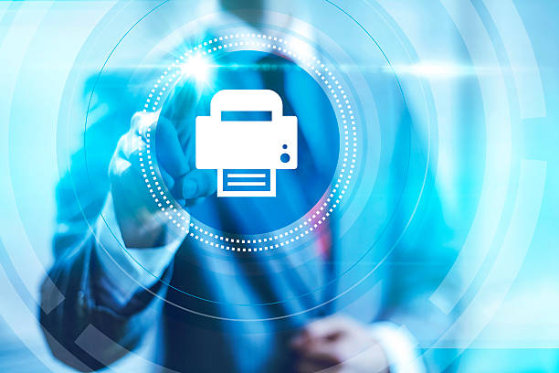 Businessman pointing towards camera selecting print icon, virtual interface